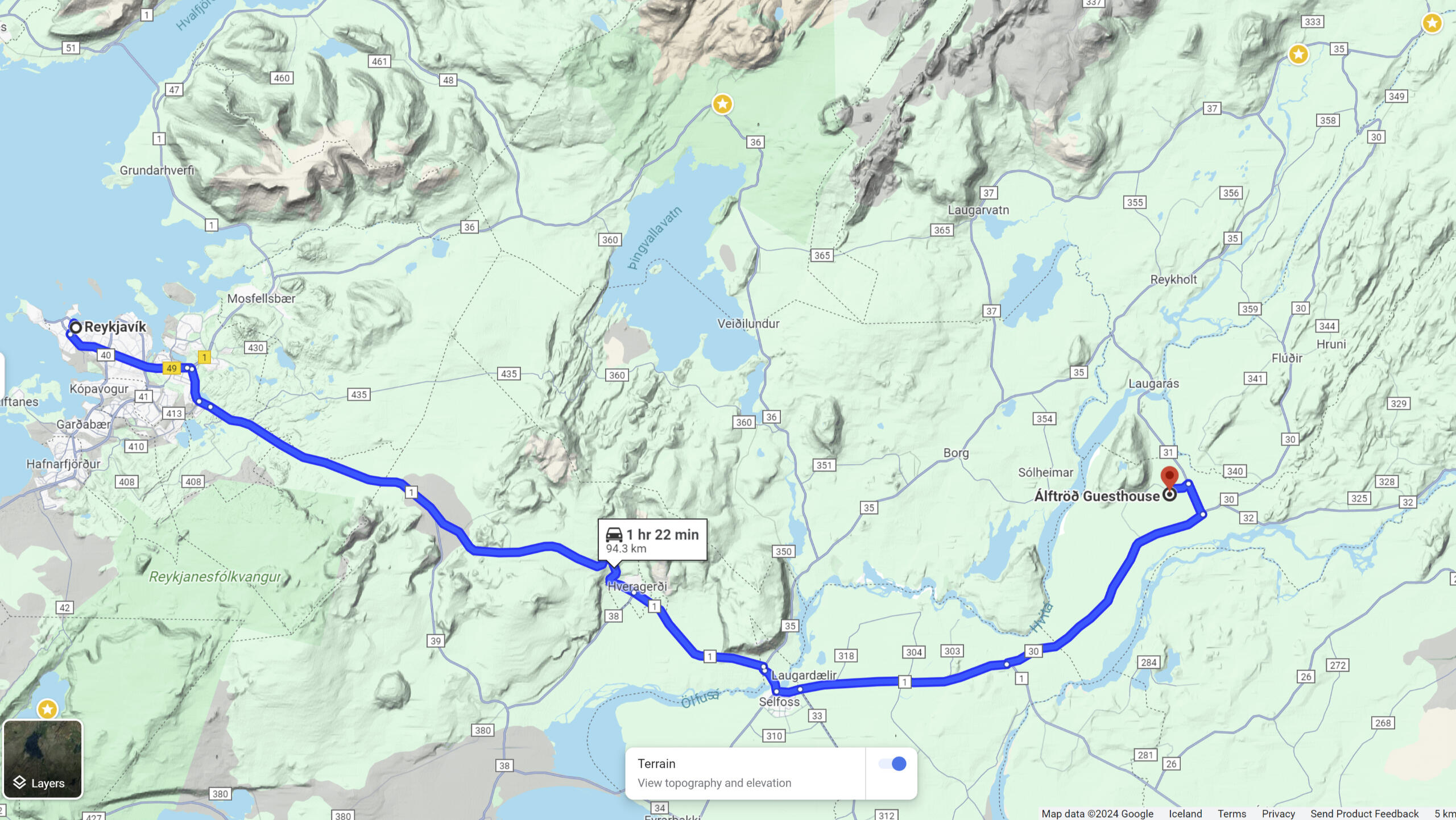 Driving Map from Reykjavík to Álftröð Guesthouse